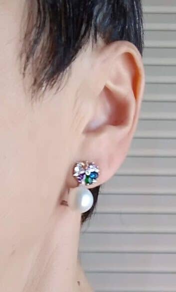 Pendientes Plata de Ley con perla de cultivo y piedras multicolor Omega Nuevos - Imagen 3