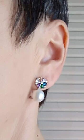 Pendientes Plata de Ley con perla de cultivo y piedras multicolor Omega Nuevos - Imagen 3