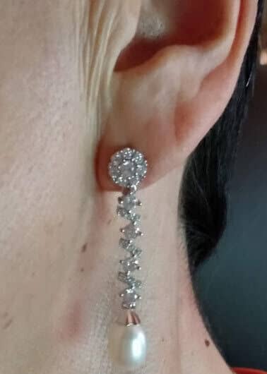 Pendientes Vintage Plata de Ley largos con circonitas y perla presión Nuevos