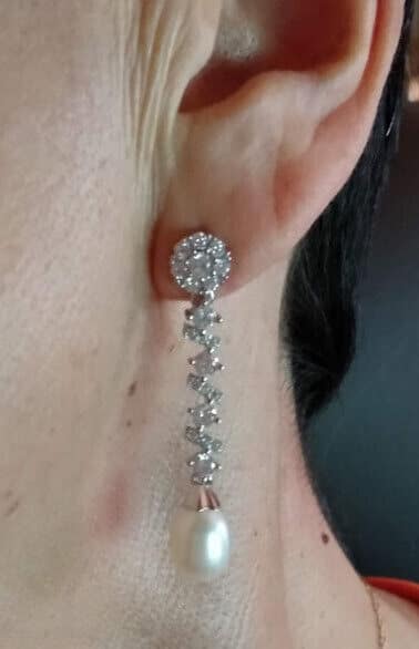 Pendientes Vintage Plata de Ley largos con circonitas y perla presión Nuevos