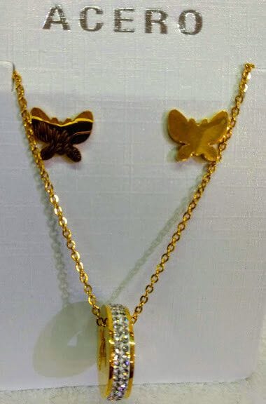 Conjunto de acero mujer pendientes y collar dorados forma mariposa hipoalergico - Imagen 3