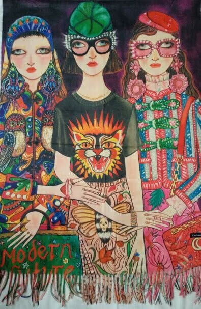 Pasmina Cashmere estampado trio chicasNuevo con etiquetas (105) - Imagen 6