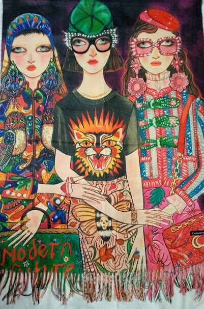 Pasmina Cashmere estampado trio chicasNuevo con etiquetas (105) - Imagen 4