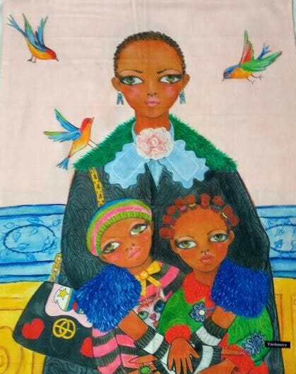 Pasmina Cashmere estampado madre con 2 niños  Nuevo con etiquetas (105)