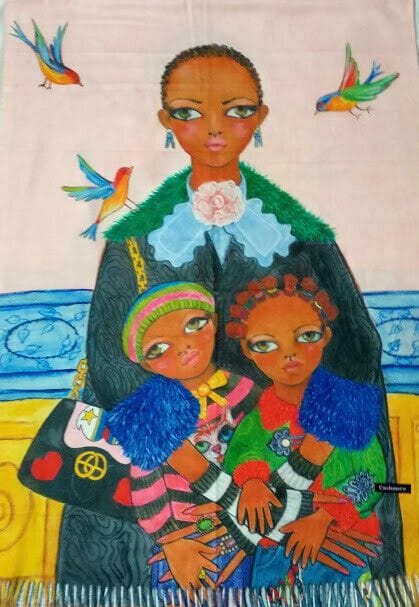 Pasmina Cashmere estampado madre con 2 niños  Nuevo con etiquetas (105)