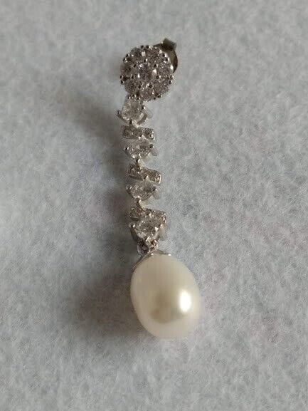 Pendientes Vintage Plata de Ley largos con circonitas y perla presión Nuevos - Imagen 6