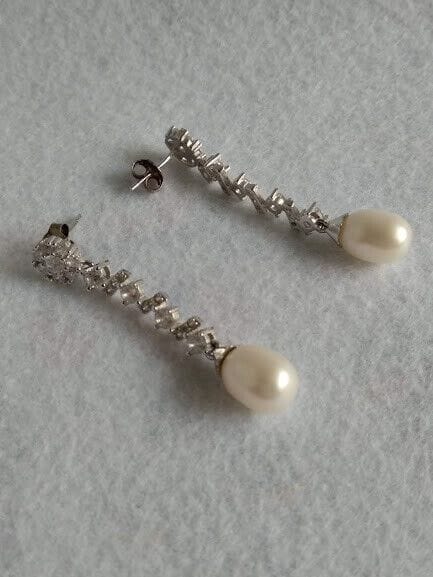 Pendientes Vintage Plata de Ley largos con circonitas y perla presión Nuevos - Imagen 7