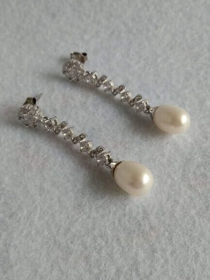 Pendientes Vintage Plata de Ley largos con circonitas y perla presión Nuevos - Imagen 9