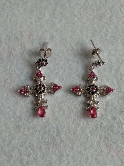 Pendientes Plata de Ley con rubíes forma cruz presión Nuevos - Imagen 3