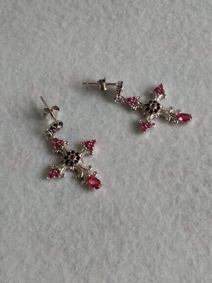 Pendientes Plata de Ley con rubíes forma cruz presión Nuevos - Imagen 5