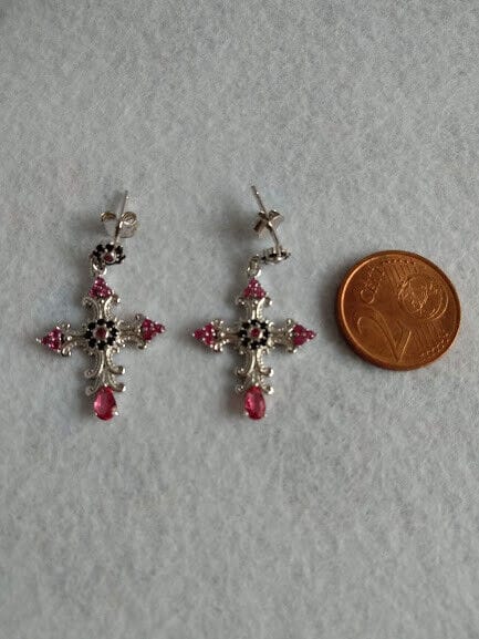 Pendientes Plata de Ley con rubíes forma cruz presión Nuevos - Imagen 6