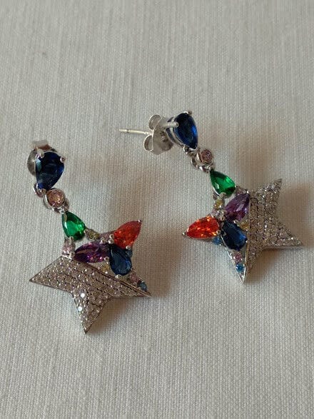 Pendientes Plata de Ley rodiada largos estrella piedras Presión Nuevos - Imagen 3