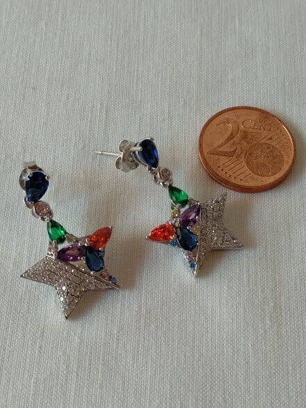 Pendientes Plata de Ley rodiada largos estrella piedras Presión Nuevos - Imagen 4