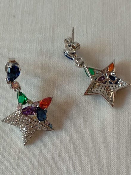 Pendientes Plata de Ley rodiada largos estrella piedras Presión Nuevos - Imagen 5