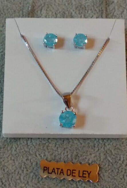 Pendientes y gargantilla con zafiro claro Plata de Ley presión Nuevos (106) - Imagen 3