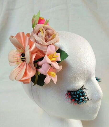 Tocado broche mujer flores tela combinando colores rosa,salmón y beige Nuevo