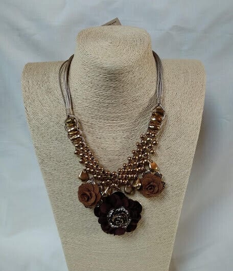 Collar gargantilla vintage mujer dorado envejecido con flores tela Nuevo (104)