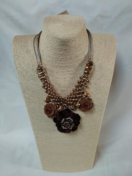 Collar gargantilla vintage mujer dorado envejecido con flores tela Nuevo (104)