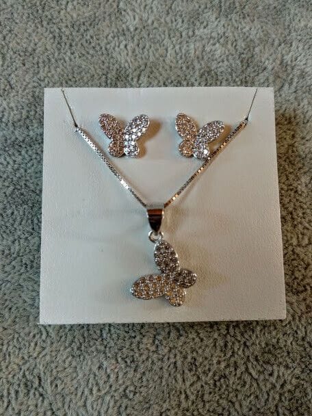 Pendientes y gargantilla Plata de Ley Rodiada mariposas presión Nuevos (106)