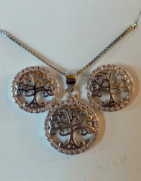 Pendientes y gargantilla Árbol de la vida Plata de Ley Rodiada Nuevos (106)