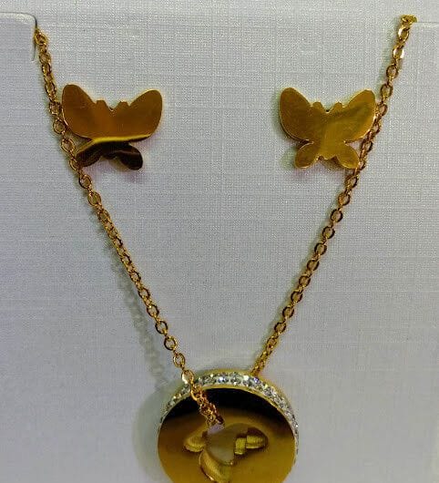 Conjunto de acero mujer pendientes y collar dorados  forma mariposa hipoalergico