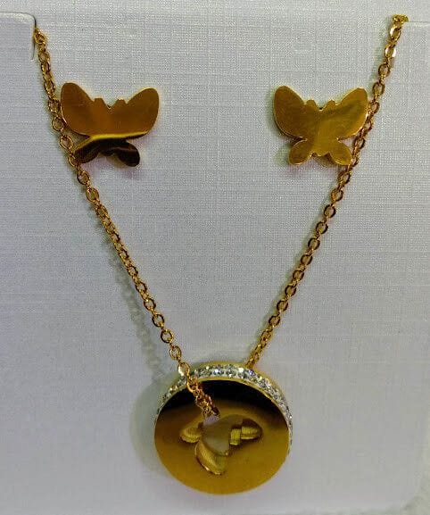 Conjunto de acero mujer pendientes y collar dorados forma mariposa hipoalergico