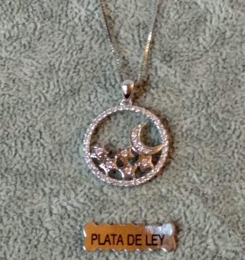 Collar con colgante redondo luna y estrellas Plata de Ley Rodiada  Nuevos (106)