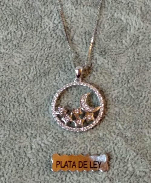 Collar con colgante redondo luna y estrellas Plata de Ley Rodiada Nuevos (106)