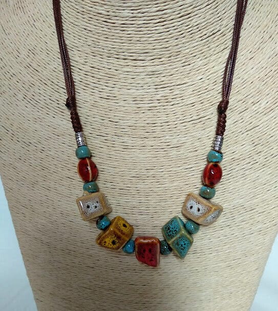 Collar corto étnico mujer combinado de cuentas de ceramica tonos ocres Nuevo - Imagen 4