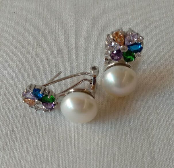 Pendientes Plata de Ley con perla de cultivo y piedras multicolor Omega Nuevos - Imagen 5