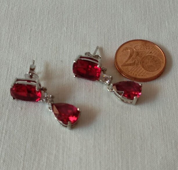 Pendientes Plata de Ley rodiada largos color rojo Presión Nuevos - Imagen 7