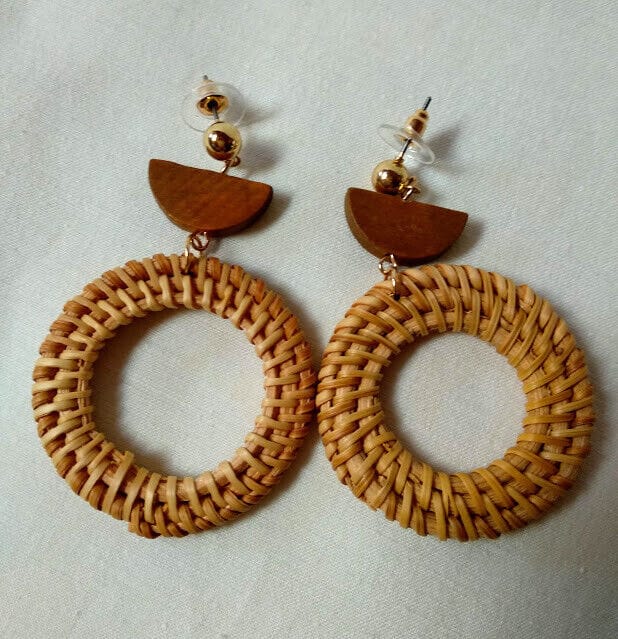 Pendientes de ratan tejido largo mujer modelo redondo nuevo con etiquetas - Imagen 3