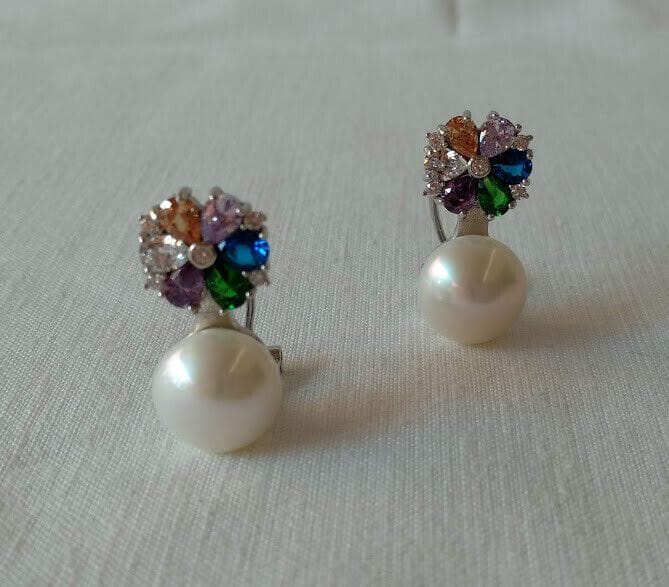 Pendientes Plata de Ley con perla de cultivo y piedras multicolor Omega Nuevos - Imagen 6