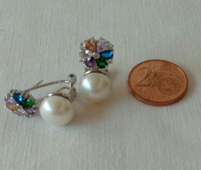 Pendientes Plata de Ley con perla de cultivo y piedras multicolor Omega Nuevos - Imagen 7