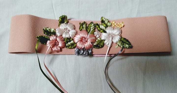 Cinturón mujer elástico bohemio con bordados raso color salmón Nuevo - Imagen 3