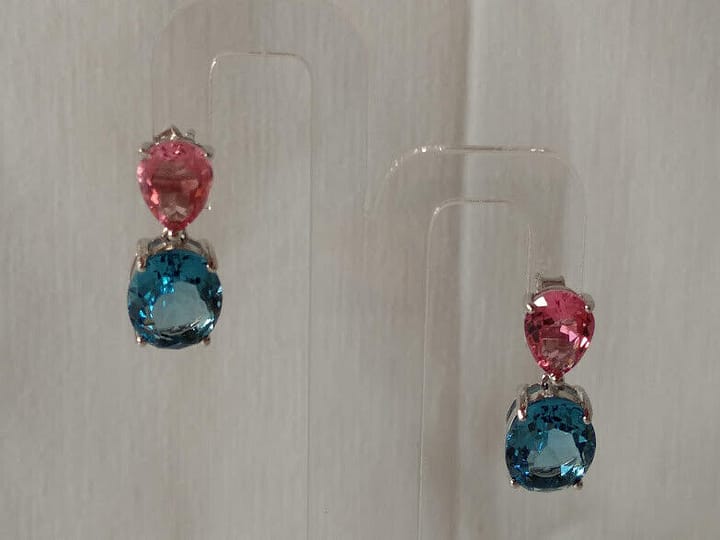 Pendientes Plata de Ley rodiada largos color rosa y azul Presión Nuevos