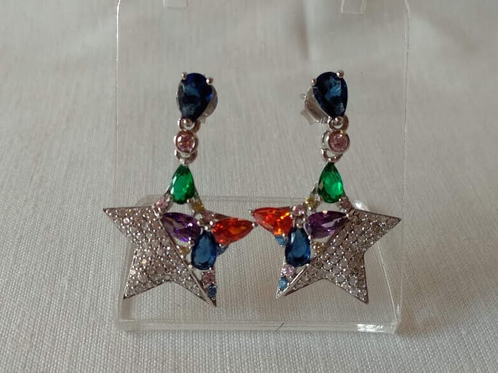 Pendientes Plata de Ley rodiada largos estrella  piedras Presión Nuevos