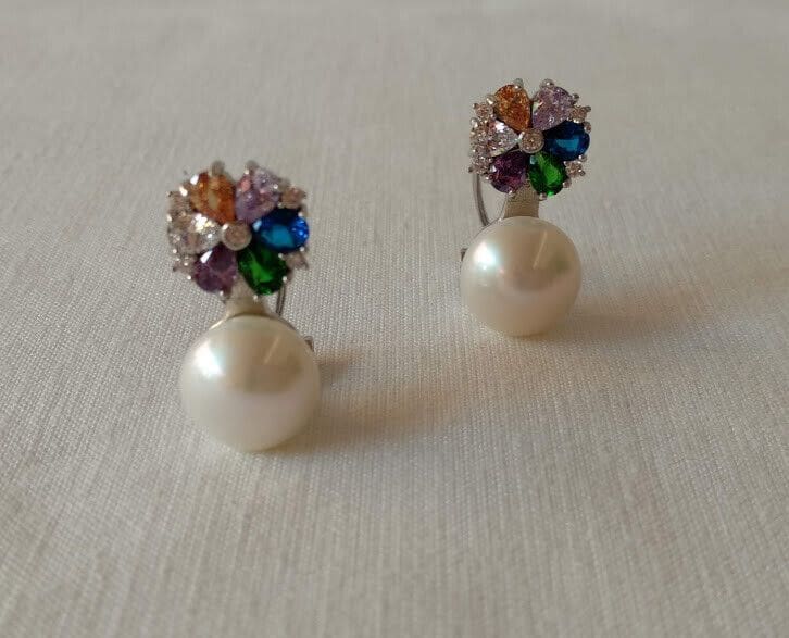 Pendientes Plata de Ley con perla de cultivo y piedras multicolor Omega Nuevos