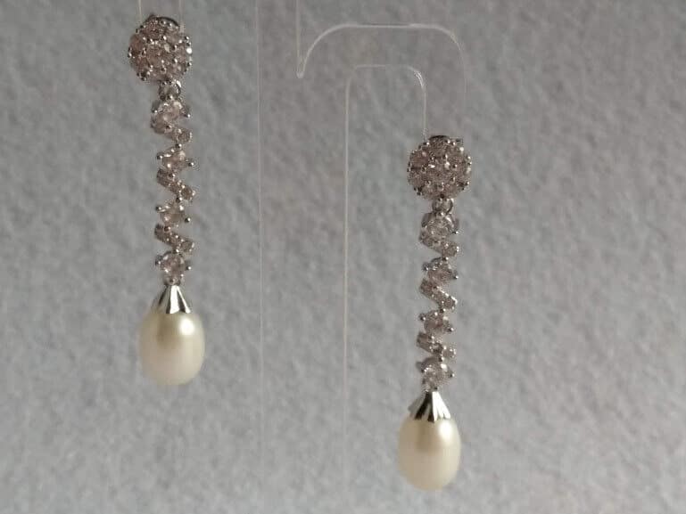 Pendientes Vintage Plata de Ley largos con circonitas y perla presión Nuevos - Imagen 3