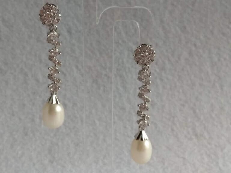 Pendientes Vintage Plata de Ley largos con circonitas y perla presión Nuevos - Imagen 5