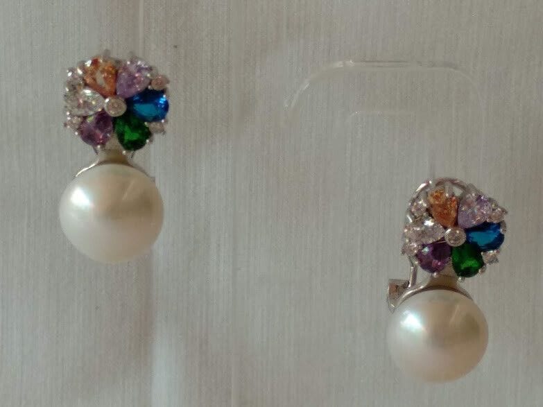 Pendientes Plata de Ley con perla de cultivo y piedras multicolor Omega Nuevos - Imagen 4