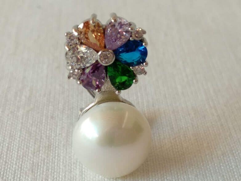 Pendientes Plata de Ley con perla de cultivo y piedras multicolor Omega Nuevos - Imagen 8