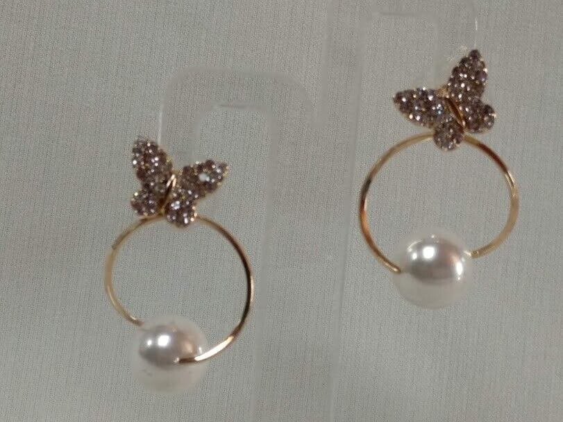 Pendientes mujer fantasía mariposa y aro con perla Cierre presión Nuevos (104)