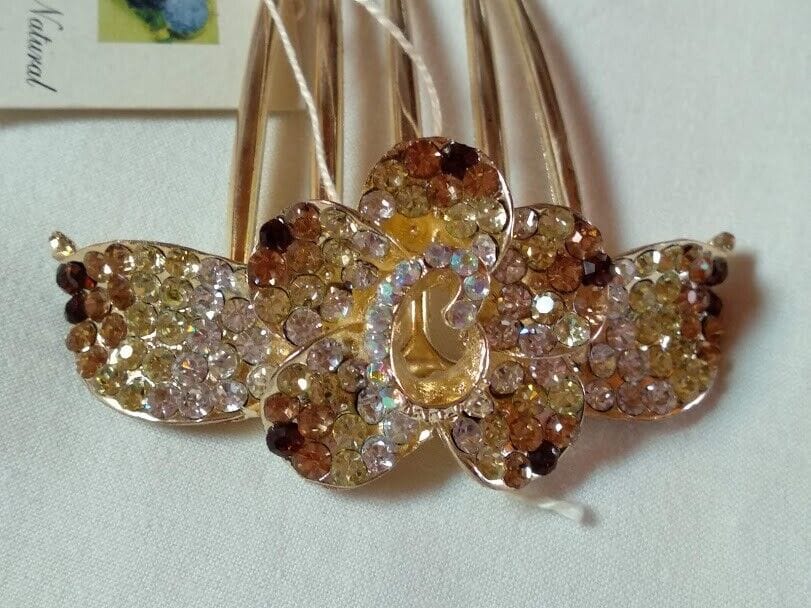 Peineta mujer dorada flor cuajada de similes en tonos de blanco a marron  Nueva - Imagen 3