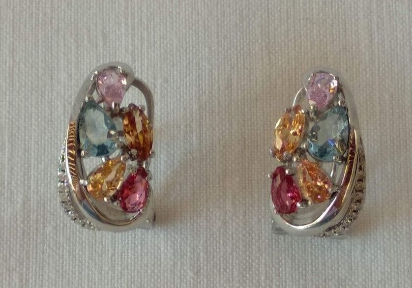 Pendientes Plata de Ley con piedras multicolor Omega Nuevos - Imagen 4