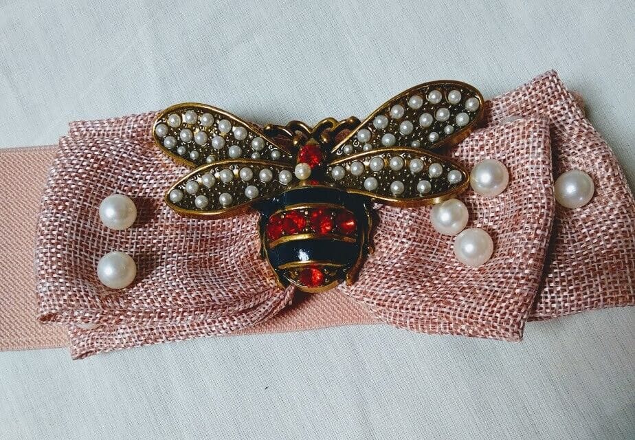 Cinturón mujer elástico con perlas y abeja central color salmón Nuevo - Imagen 3